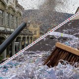 Quand l'Authentique canon à confettis expulse des tonnes de petits papiers, les employés de la voirie de Sion les ramassent derrière.
